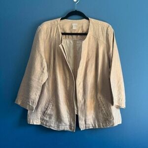 Chico's Linen Metallic Jacket Women's Size Large Gold Tan Moto Zip Up Punk Sheen